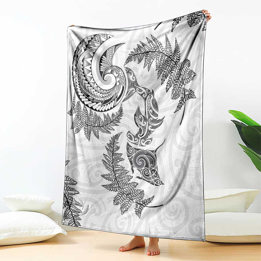 New Zealand Sea Animals with Maori Tribal Tattoo Blanket Shark Manta Ray with Silver Fern White