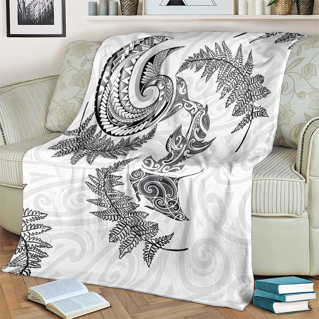 New Zealand Sea Animals with Maori Tribal Tattoo Blanket Shark Manta Ray with Silver Fern White