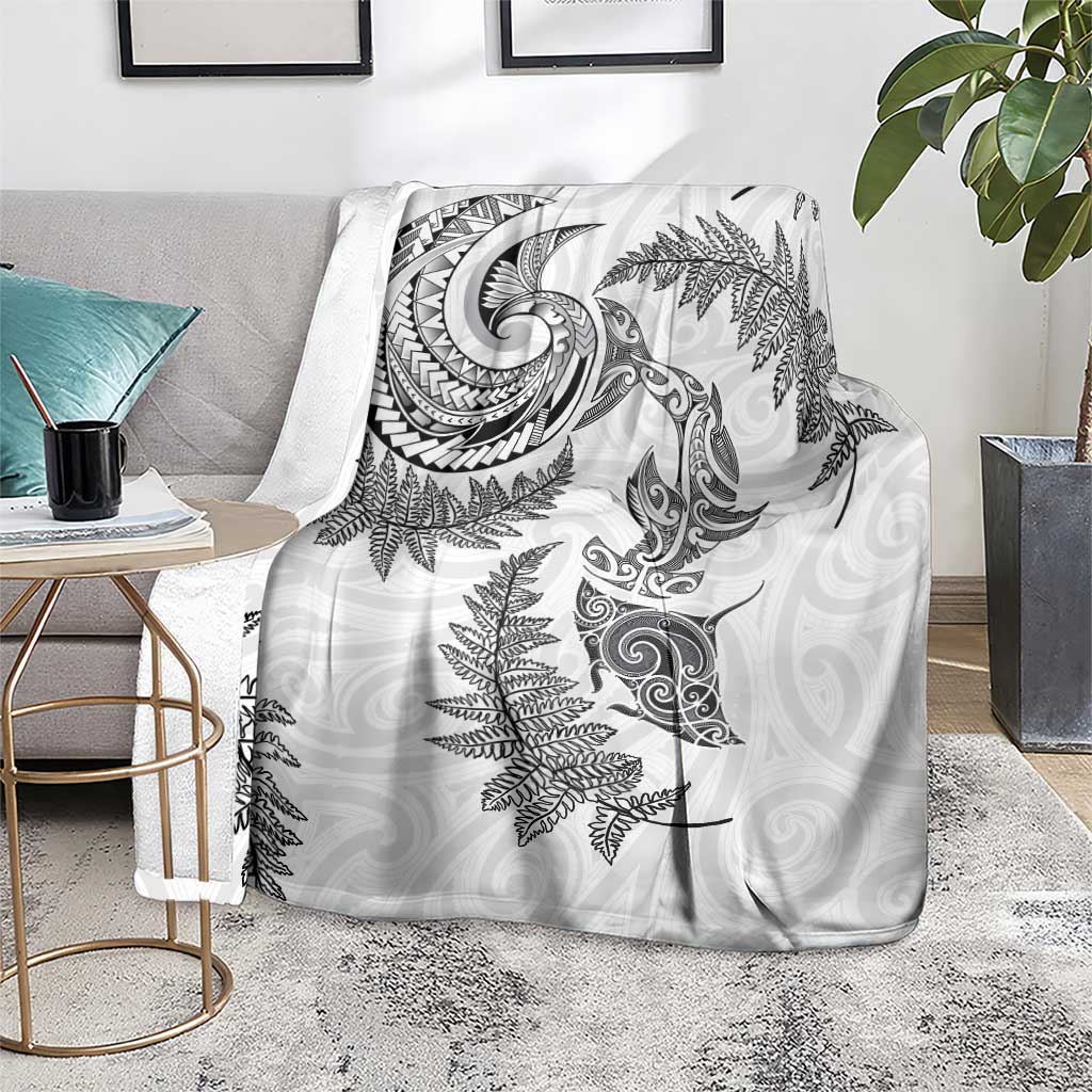 New Zealand Sea Animals with Maori Tribal Tattoo Blanket Shark Manta Ray with Silver Fern White