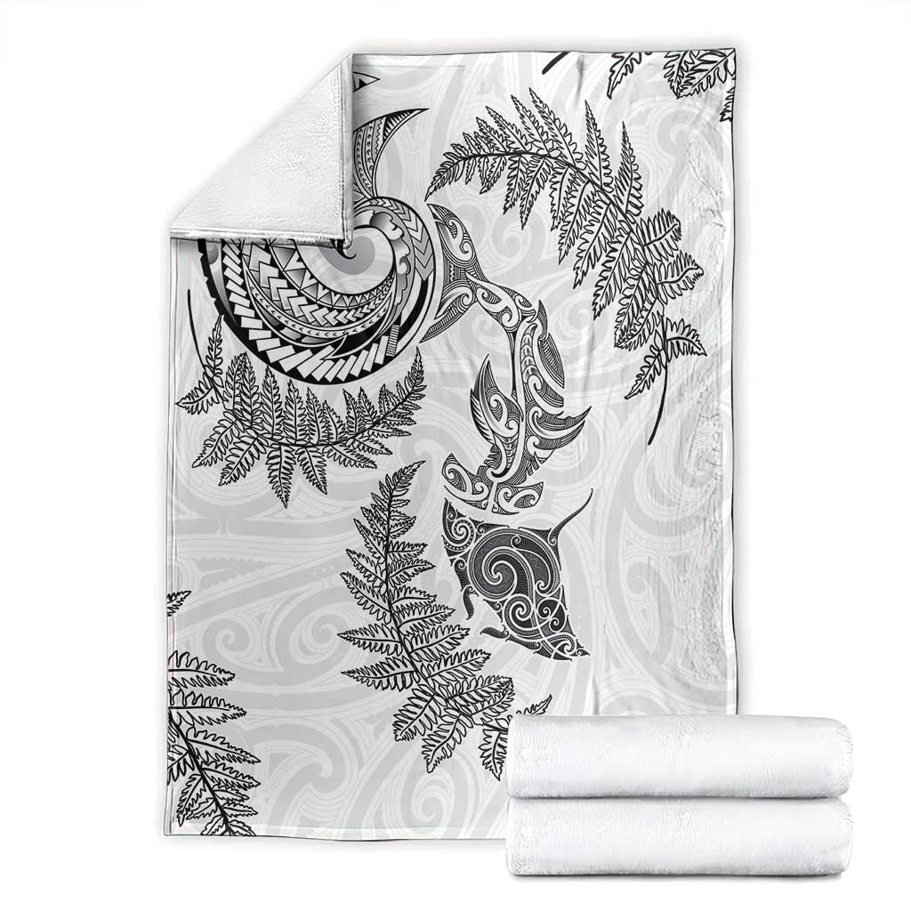 New Zealand Sea Animals with Maori Tribal Tattoo Blanket Shark Manta Ray with Silver Fern White