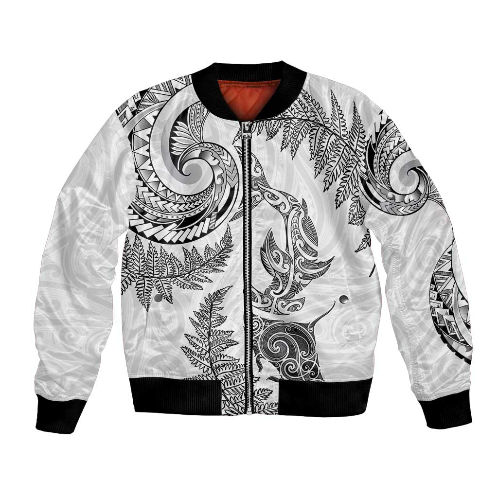 New Zealand Sea Animals with Maori Tribal Tattoo Bomber Jacket Shark Manta Ray with Silver Fern White