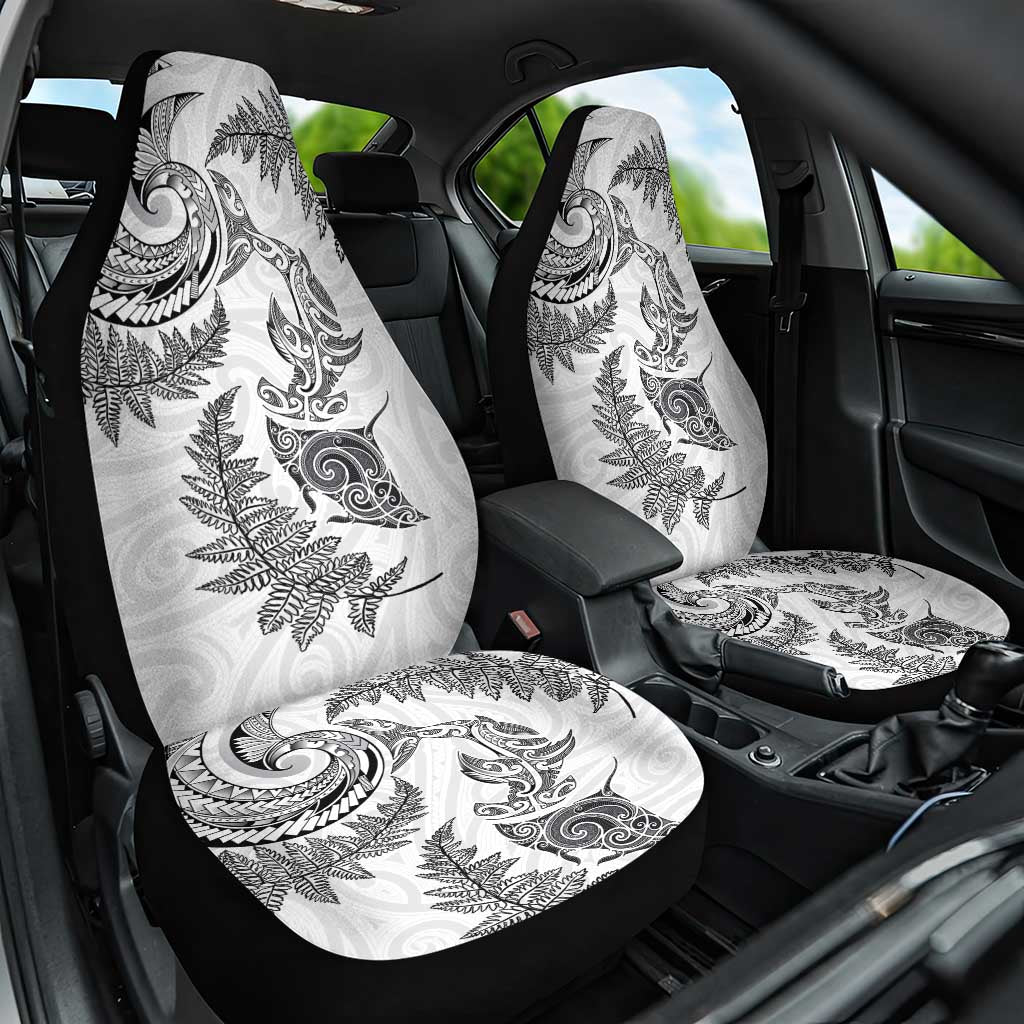 New Zealand Sea Animals with Maori Tribal Tattoo Car Seat Cover Shark Manta Ray with Silver Fern White