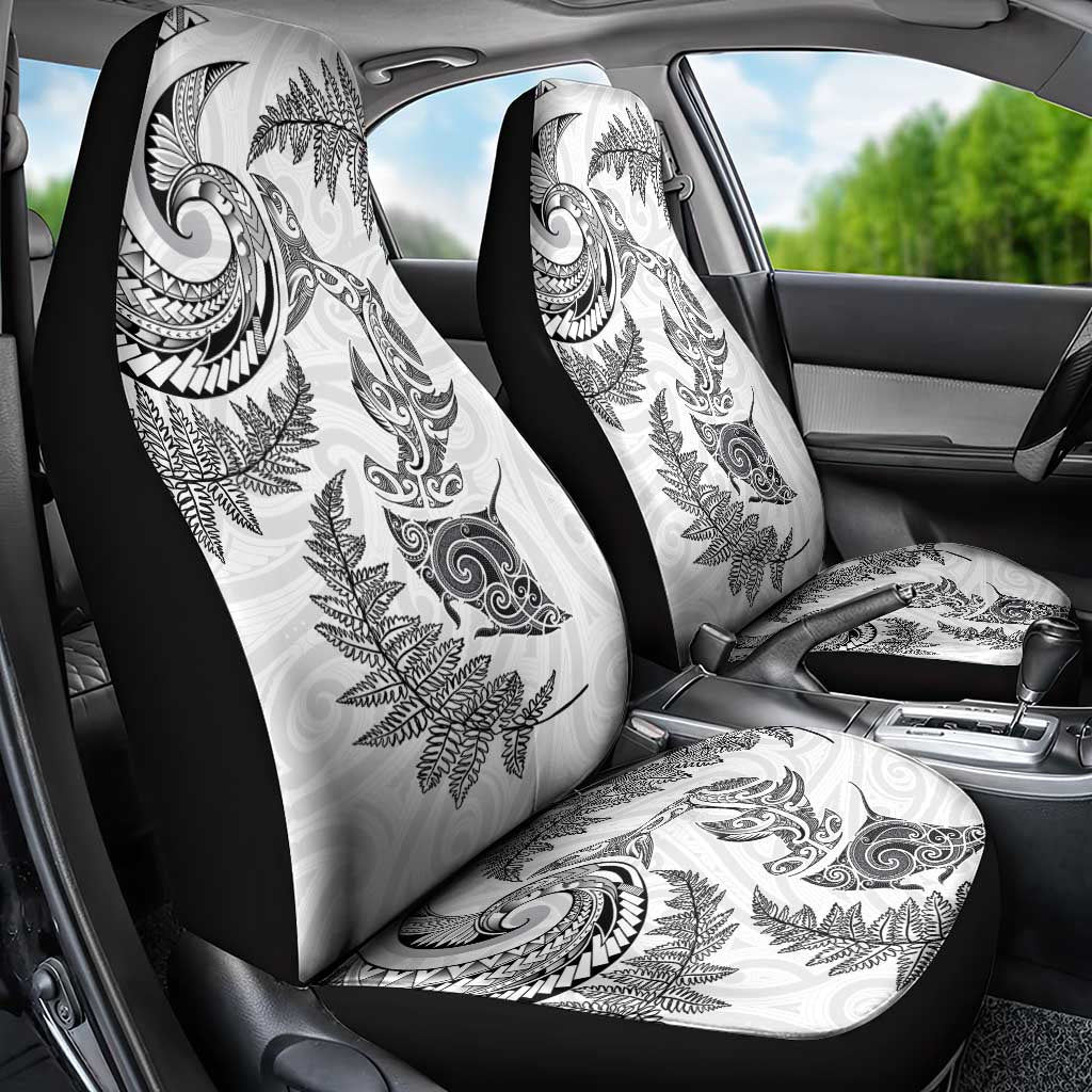 New Zealand Sea Animals with Maori Tribal Tattoo Car Seat Cover Shark Manta Ray with Silver Fern White