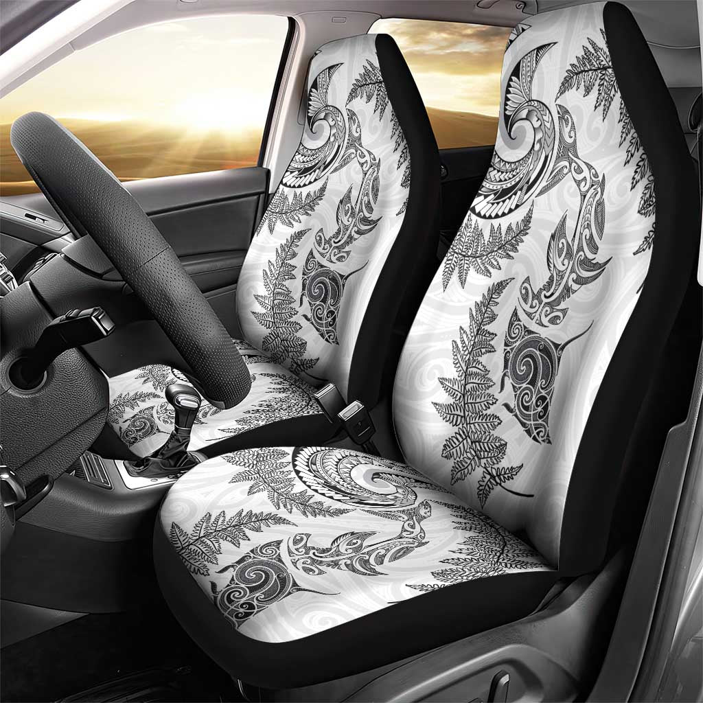 New Zealand Sea Animals with Maori Tribal Tattoo Car Seat Cover Shark Manta Ray with Silver Fern White