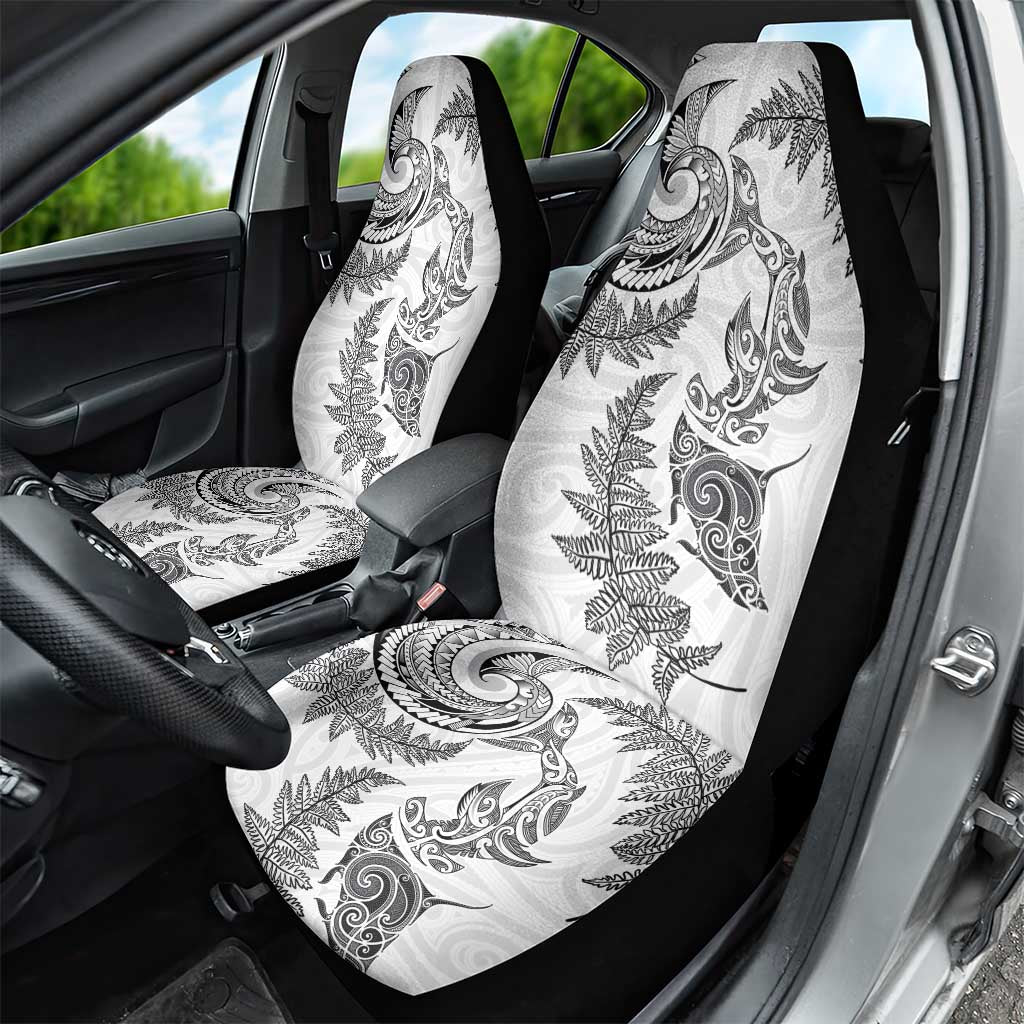 New Zealand Sea Animals with Maori Tribal Tattoo Car Seat Cover Shark Manta Ray with Silver Fern White