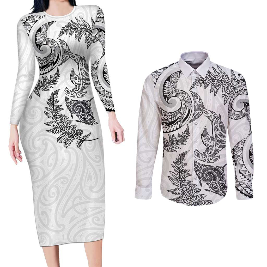 New Zealand Sea Animals with Maori Tribal Tattoo Couples Matching Long Sleeve Bodycon Dress and Long Sleeve Button Shirt Shark Manta Ray with Silver Fern White
