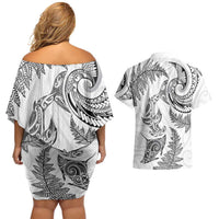 New Zealand Sea Animals with Maori Tribal Tattoo Couples Matching Off Shoulder Short Dress and Hawaiian Shirt Shark Manta Ray with Silver Fern White