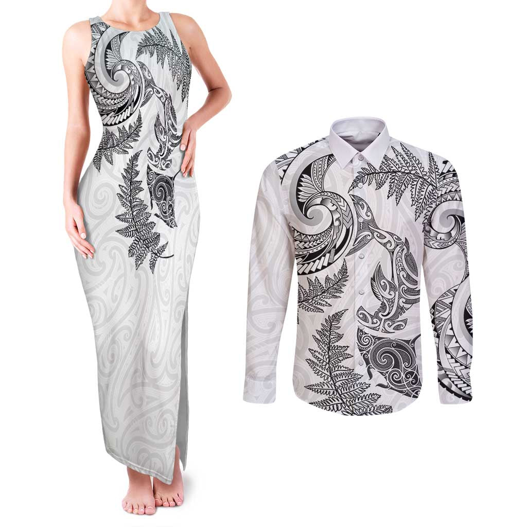 New Zealand Sea Animals with Maori Tribal Tattoo Couples Matching Tank Maxi Dress and Long Sleeve Button Shirt Shark Manta Ray with Silver Fern White