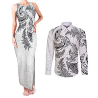 New Zealand Sea Animals with Maori Tribal Tattoo Couples Matching Tank Maxi Dress and Long Sleeve Button Shirt Shark Manta Ray with Silver Fern White