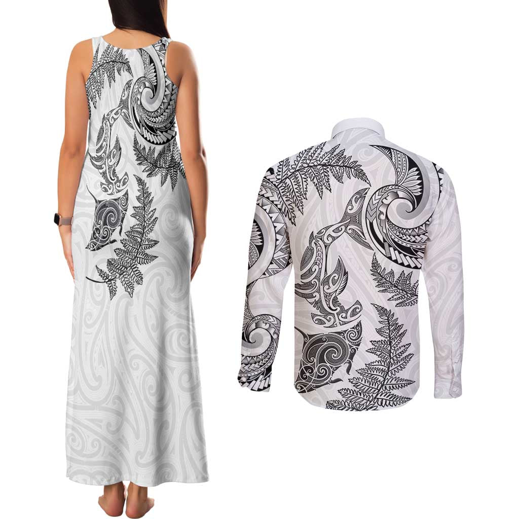 New Zealand Sea Animals with Maori Tribal Tattoo Couples Matching Tank Maxi Dress and Long Sleeve Button Shirt Shark Manta Ray with Silver Fern White