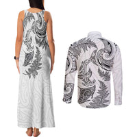 New Zealand Sea Animals with Maori Tribal Tattoo Couples Matching Tank Maxi Dress and Long Sleeve Button Shirt Shark Manta Ray with Silver Fern White