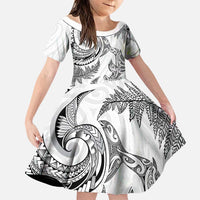 New Zealand Sea Animals with Maori Tribal Tattoo Family Matching Long Sleeve Bodycon Dress and Hawaiian Shirt Shark Manta Ray with Silver Fern White