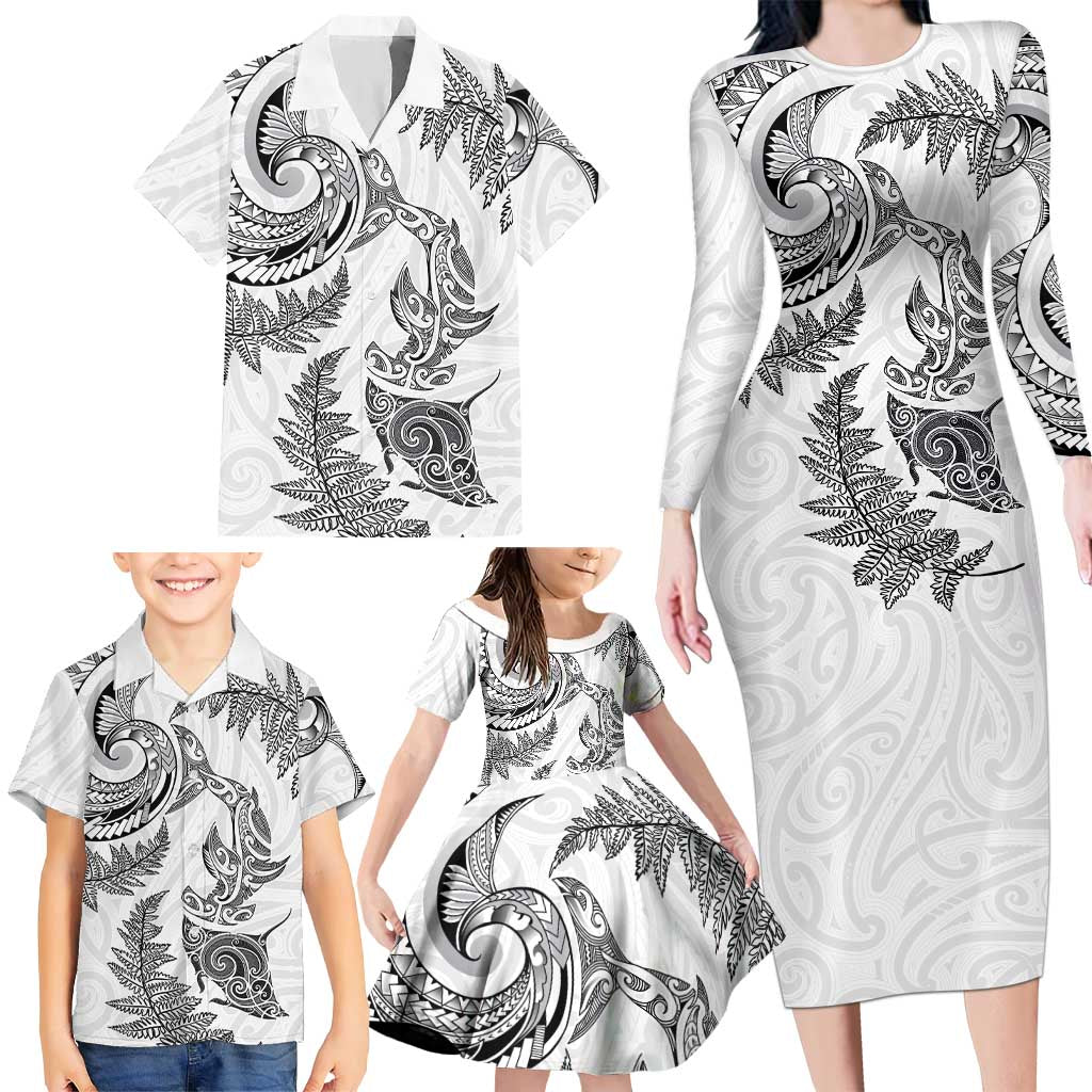 New Zealand Sea Animals with Maori Tribal Tattoo Family Matching Long Sleeve Bodycon Dress and Hawaiian Shirt Shark Manta Ray with Silver Fern White