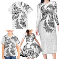 New Zealand Sea Animals with Maori Tribal Tattoo Family Matching Long Sleeve Bodycon Dress and Hawaiian Shirt Shark Manta Ray with Silver Fern White