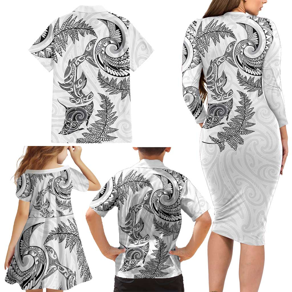 New Zealand Sea Animals with Maori Tribal Tattoo Family Matching Long Sleeve Bodycon Dress and Hawaiian Shirt Shark Manta Ray with Silver Fern White