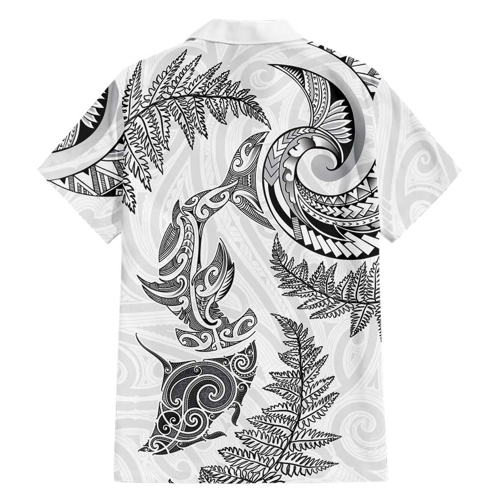 New Zealand Sea Animals with Maori Tribal Tattoo Family Matching Long Sleeve Bodycon Dress and Hawaiian Shirt Shark Manta Ray with Silver Fern White