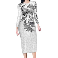 New Zealand Sea Animals with Maori Tribal Tattoo Family Matching Long Sleeve Bodycon Dress and Hawaiian Shirt Shark Manta Ray with Silver Fern White