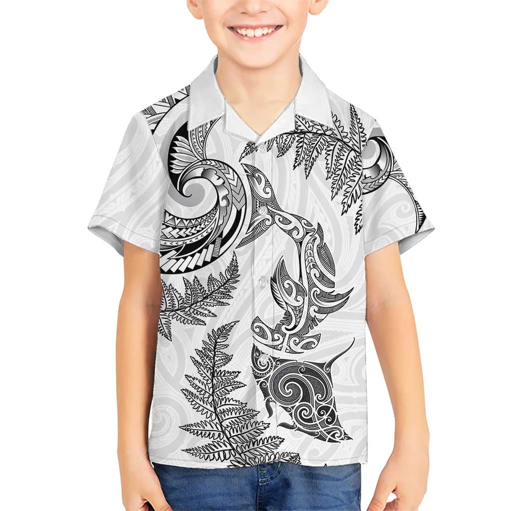 New Zealand Sea Animals with Maori Tribal Tattoo Family Matching Long Sleeve Bodycon Dress and Hawaiian Shirt Shark Manta Ray with Silver Fern White