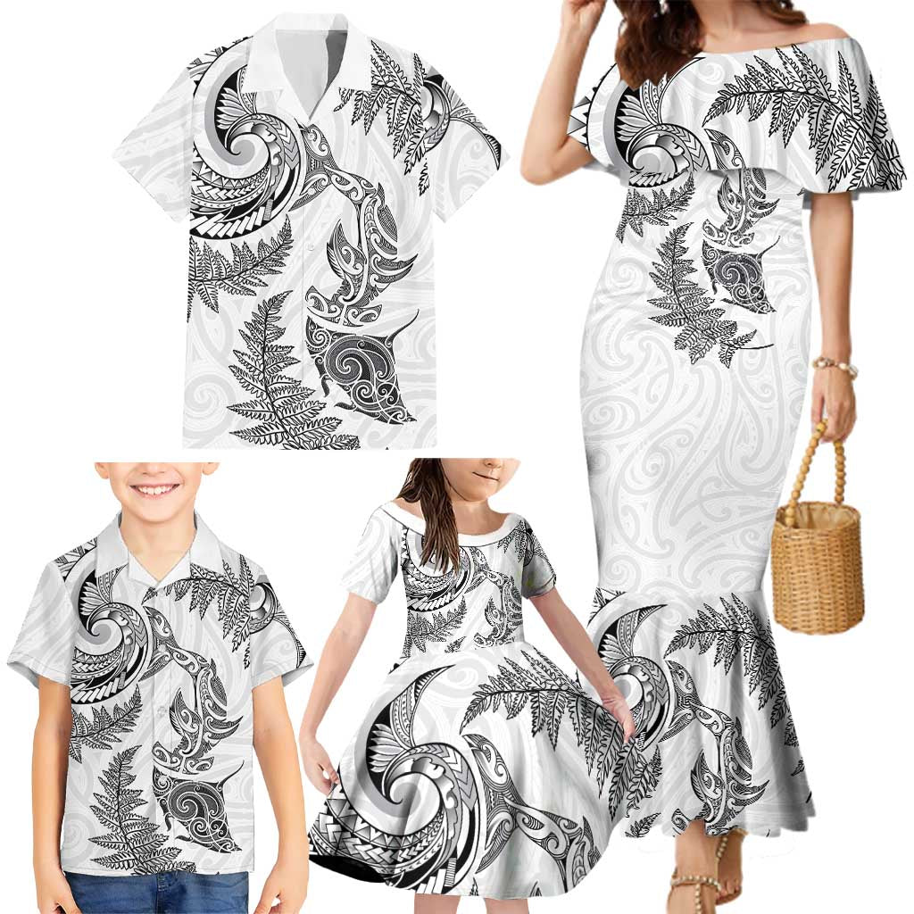 New Zealand Sea Animals with Maori Tribal Tattoo Family Matching Mermaid Dress and Hawaiian Shirt Shark Manta Ray with Silver Fern White