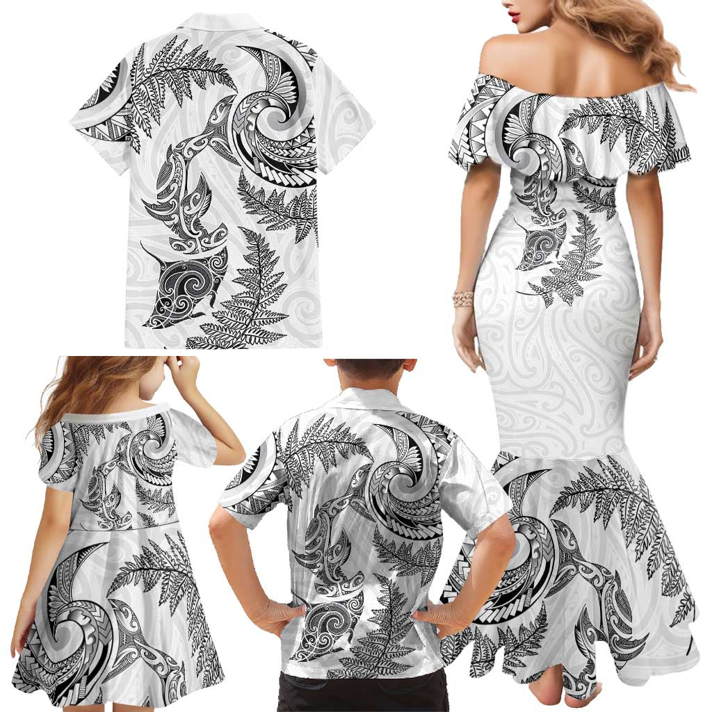 New Zealand Sea Animals with Maori Tribal Tattoo Family Matching Mermaid Dress and Hawaiian Shirt Shark Manta Ray with Silver Fern White