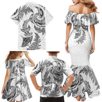 New Zealand Sea Animals with Maori Tribal Tattoo Family Matching Mermaid Dress and Hawaiian Shirt Shark Manta Ray with Silver Fern White