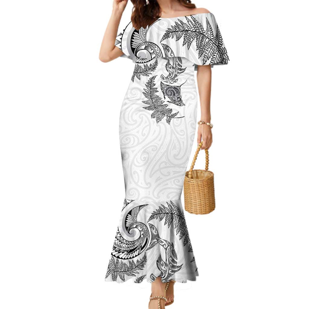 New Zealand Sea Animals with Maori Tribal Tattoo Family Matching Mermaid Dress and Hawaiian Shirt Shark Manta Ray with Silver Fern White