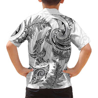 New Zealand Sea Animals with Maori Tribal Tattoo Family Matching Off The Shoulder Long Sleeve Dress and Hawaiian Shirt Shark Manta Ray with Silver Fern White