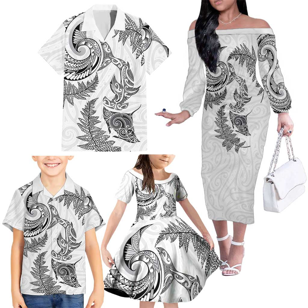 New Zealand Sea Animals with Maori Tribal Tattoo Family Matching Off The Shoulder Long Sleeve Dress and Hawaiian Shirt Shark Manta Ray with Silver Fern White