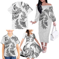 New Zealand Sea Animals with Maori Tribal Tattoo Family Matching Off The Shoulder Long Sleeve Dress and Hawaiian Shirt Shark Manta Ray with Silver Fern White