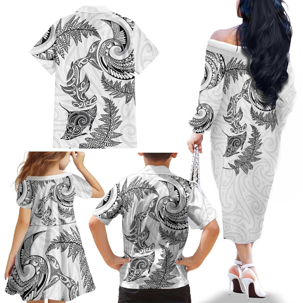 New Zealand Sea Animals with Maori Tribal Tattoo Family Matching Off The Shoulder Long Sleeve Dress and Hawaiian Shirt Shark Manta Ray with Silver Fern White