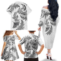 New Zealand Sea Animals with Maori Tribal Tattoo Family Matching Off The Shoulder Long Sleeve Dress and Hawaiian Shirt Shark Manta Ray with Silver Fern White