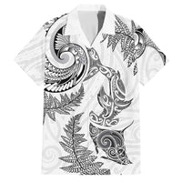 New Zealand Sea Animals with Maori Tribal Tattoo Family Matching Off The Shoulder Long Sleeve Dress and Hawaiian Shirt Shark Manta Ray with Silver Fern White