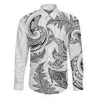 New Zealand Sea Animals with Maori Tribal Tattoo Family Matching Off The Shoulder Long Sleeve Dress and Hawaiian Shirt Shark Manta Ray with Silver Fern White