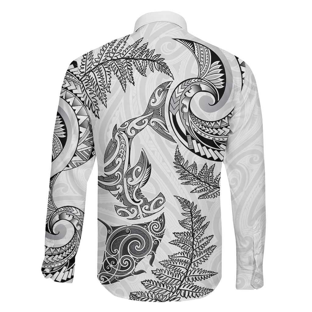 New Zealand Sea Animals with Maori Tribal Tattoo Family Matching Off The Shoulder Long Sleeve Dress and Hawaiian Shirt Shark Manta Ray with Silver Fern White