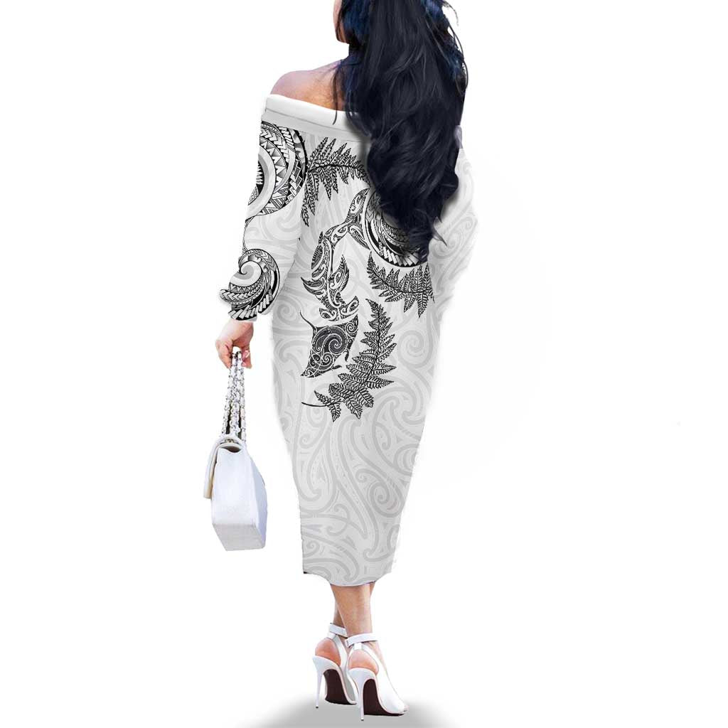 New Zealand Sea Animals with Maori Tribal Tattoo Family Matching Off The Shoulder Long Sleeve Dress and Hawaiian Shirt Shark Manta Ray with Silver Fern White