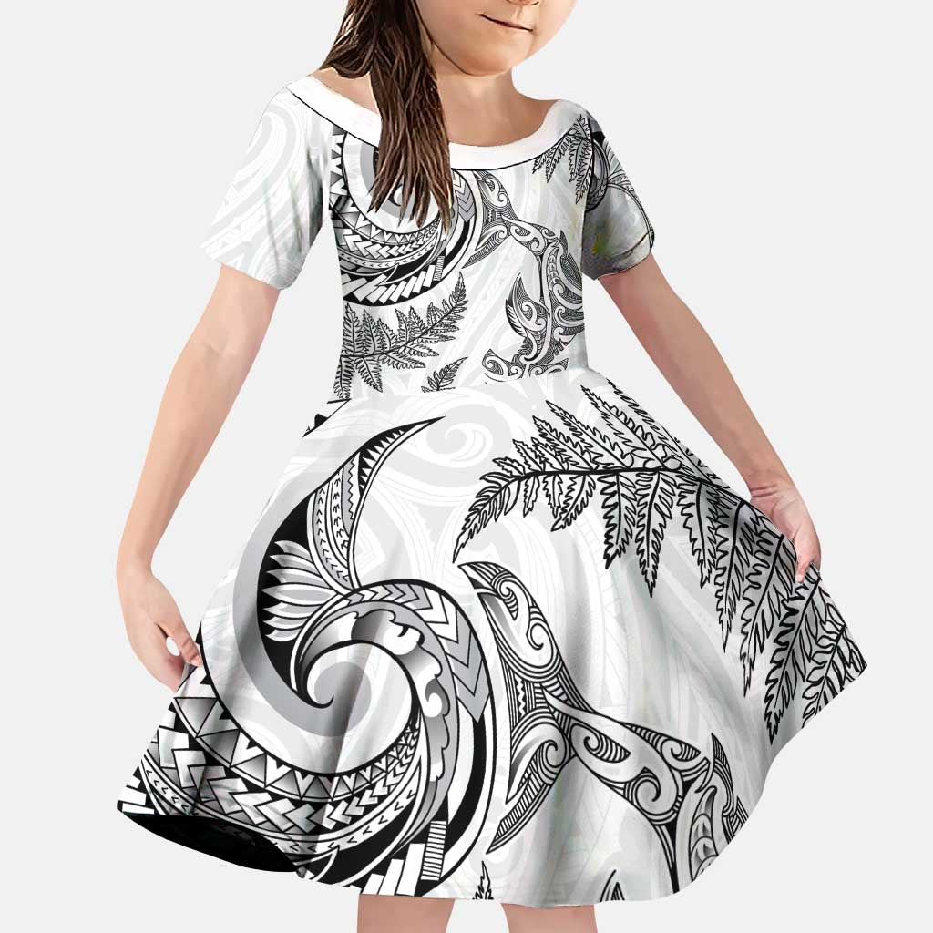 New Zealand Sea Animals with Maori Tribal Tattoo Family Matching Short Sleeve Bodycon Dress and Hawaiian Shirt Shark Manta Ray with Silver Fern White