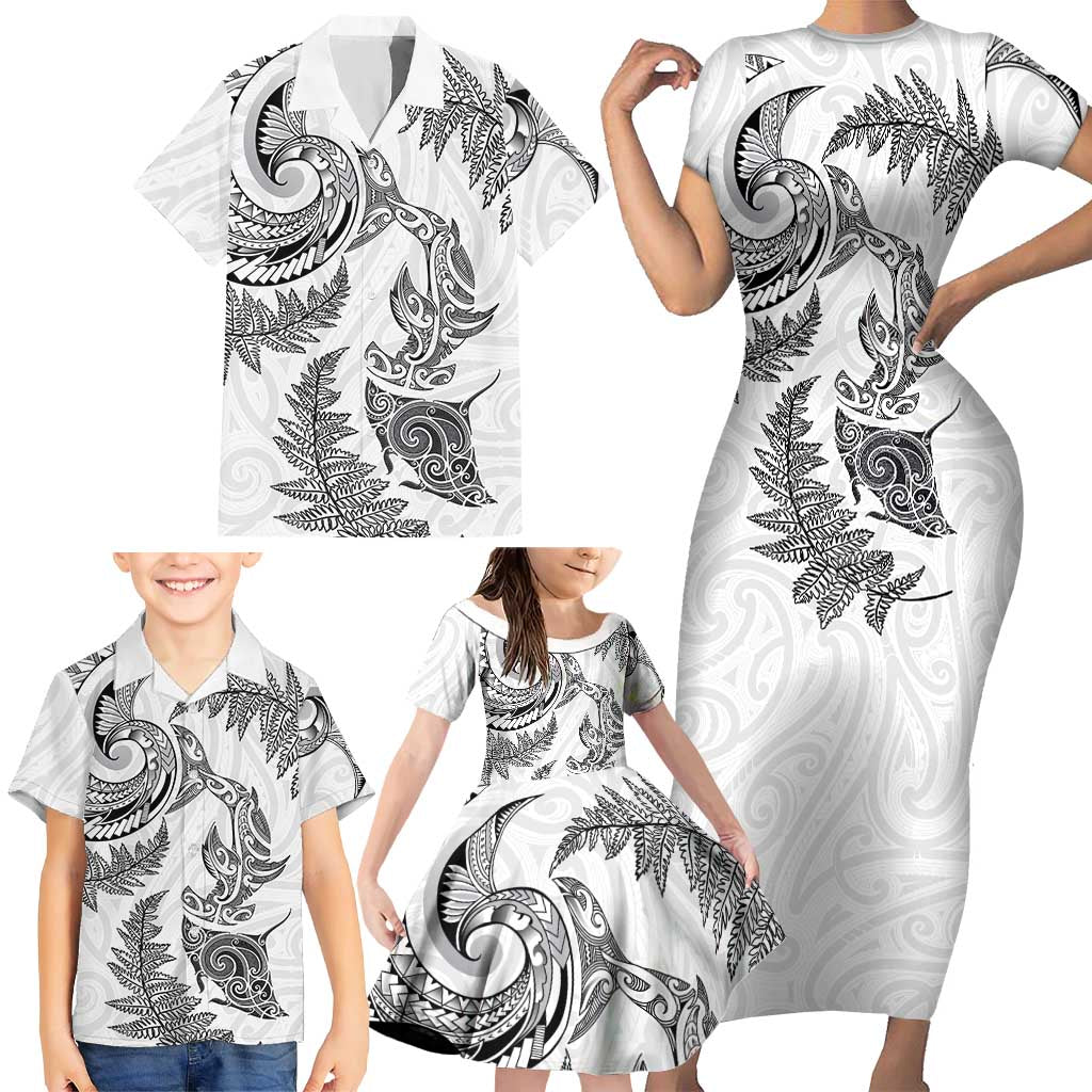 New Zealand Sea Animals with Maori Tribal Tattoo Family Matching Short Sleeve Bodycon Dress and Hawaiian Shirt Shark Manta Ray with Silver Fern White