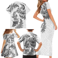 New Zealand Sea Animals with Maori Tribal Tattoo Family Matching Short Sleeve Bodycon Dress and Hawaiian Shirt Shark Manta Ray with Silver Fern White