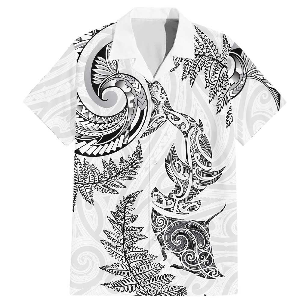 New Zealand Sea Animals with Maori Tribal Tattoo Family Matching Short Sleeve Bodycon Dress and Hawaiian Shirt Shark Manta Ray with Silver Fern White