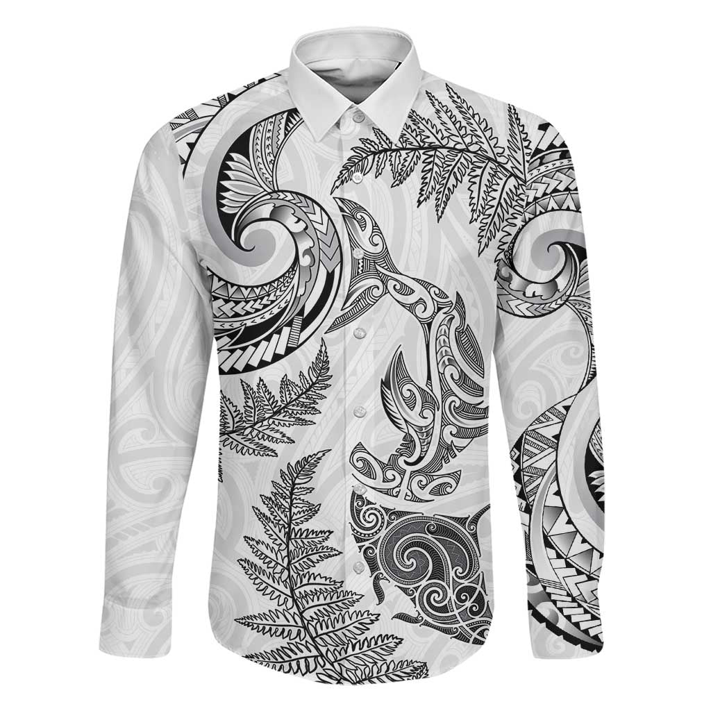 New Zealand Sea Animals with Maori Tribal Tattoo Family Matching Short Sleeve Bodycon Dress and Hawaiian Shirt Shark Manta Ray with Silver Fern White