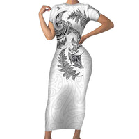 New Zealand Sea Animals with Maori Tribal Tattoo Family Matching Short Sleeve Bodycon Dress and Hawaiian Shirt Shark Manta Ray with Silver Fern White