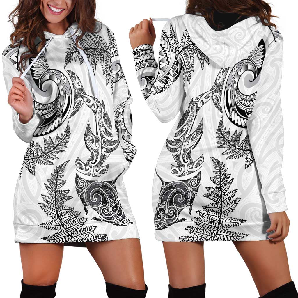 New Zealand Sea Animals with Maori Tribal Tattoo Hoodie Dress Shark Manta Ray with Silver Fern White