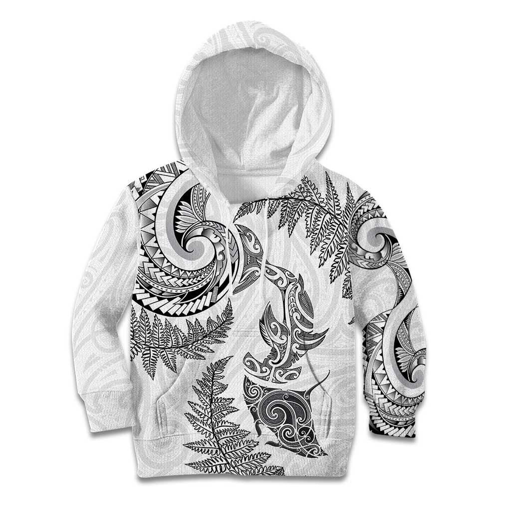 New Zealand Sea Animals with Maori Tribal Tattoo Kid Hoodie Shark Manta Ray with Silver Fern White