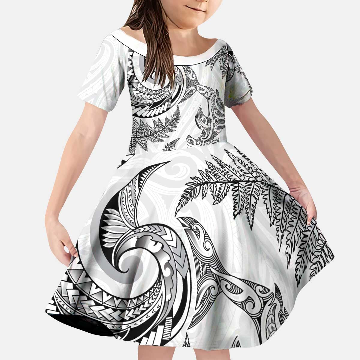 New Zealand Sea Animals with Maori Tribal Tattoo Kid Short Sleeve Dress Shark Manta Ray with Silver Fern White