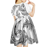 New Zealand Sea Animals with Maori Tribal Tattoo Kid Short Sleeve Dress Shark Manta Ray with Silver Fern White