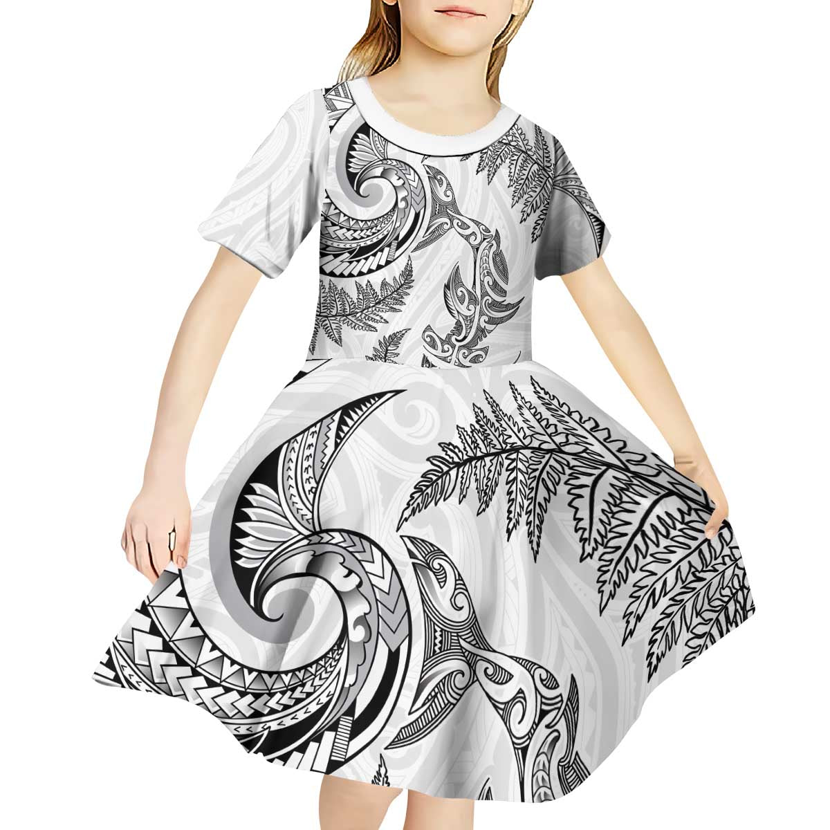 New Zealand Sea Animals with Maori Tribal Tattoo Kid Short Sleeve Dress Shark Manta Ray with Silver Fern White