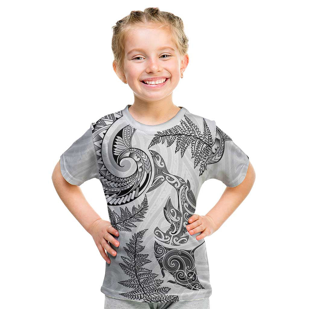 New Zealand Sea Animals with Maori Tribal Tattoo Kid T Shirt Shark Manta Ray with Silver Fern White