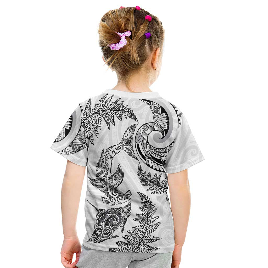 New Zealand Sea Animals with Maori Tribal Tattoo Kid T Shirt Shark Manta Ray with Silver Fern White