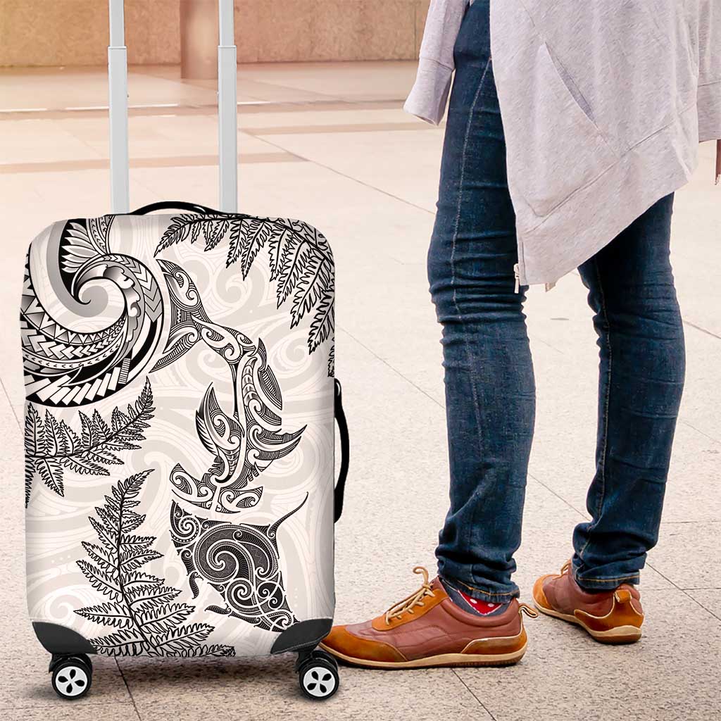 New Zealand Sea Animals with Maori Tribal Tattoo Luggage Cover Shark Manta Ray with Silver Fern White