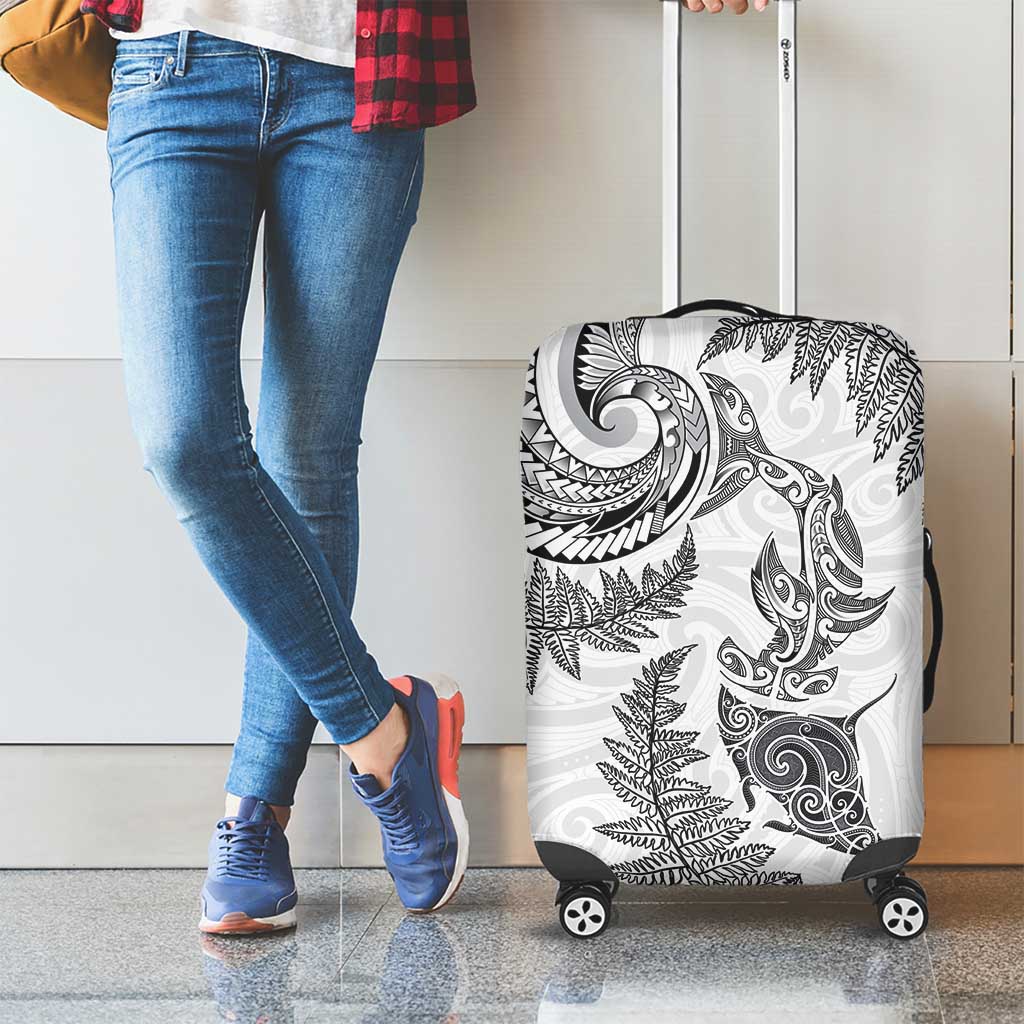 New Zealand Sea Animals with Maori Tribal Tattoo Luggage Cover Shark Manta Ray with Silver Fern White